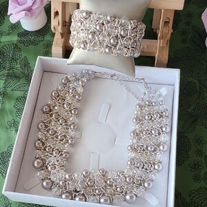 Skyline Collection Pearl and Silver Necklace and Bracelet Set